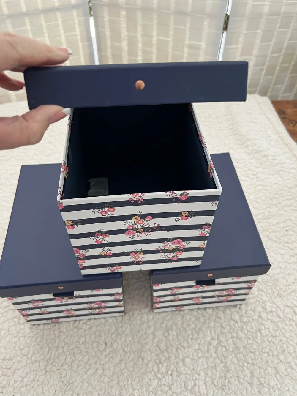 Tri-Coastal Design Navy Floral Stripe Photo Storage Boxes - Set of 3. 8.25”x6”x6